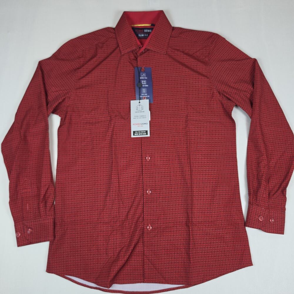 Azaro Uomo Men's Medium Red Black Geometric Slim Fit Stretch Dress Shirt NWT